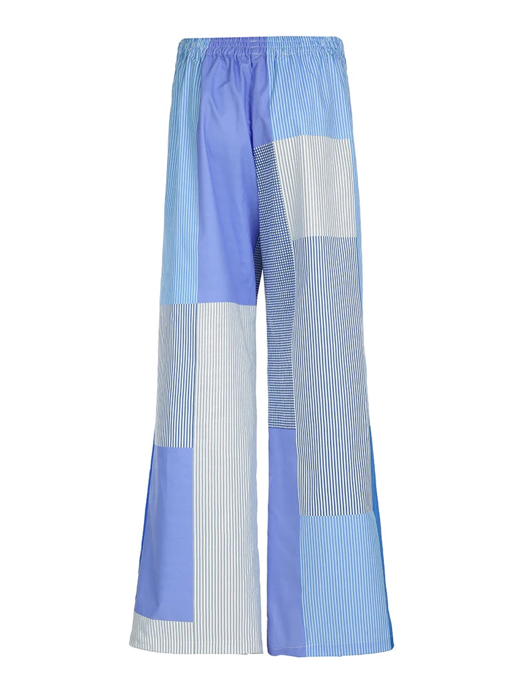 Grunge Aesthic Color Block Blue Stripe Baggy Trousers For Women Elastic Waist Loose Casual Woven Pants Lazy Homewear