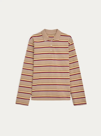 Spring Summer New Women's Retro Striped Polo Collar Oversized Long Sleeve T - Shirt Trendy Casual Loose Basic Top