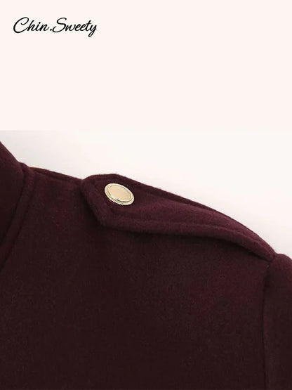 Burgundy Color Woolen Jacket For Women Stand Collar Single Breasted Pocket Thick Short Coat  Autumn Lady Commute Outwear New