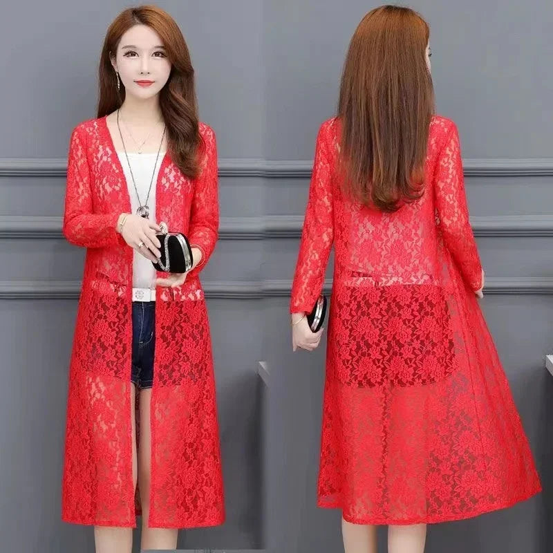 Summer Women Sun Protection Lace Cardigan Mid-length Mesh Shawl Loose Clothing Women Jacket Shirt Outerwear