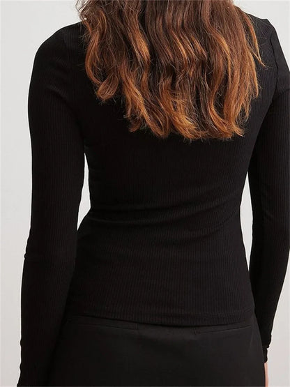 FashionSierra - 2025 Spring Autumn Slim Ribbed Solid Color Long Sleeve Square Neck Buttons Up Streetwear New Tee