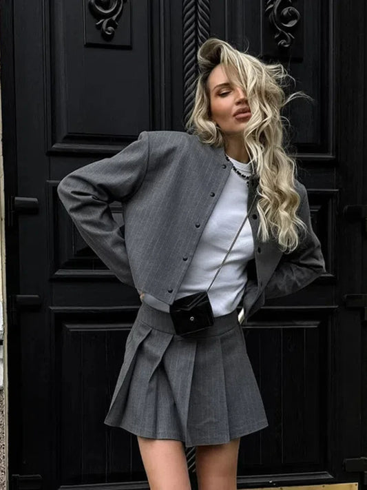 Striped Short Jackets Skirts Set Women Casual Long Sleeve Suit Coat Mini Skirt Sets Female Elegant Chic Gray Outfits Streetwear