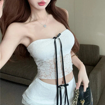 y2k Outfit Set Coquette Clothing Off Shoulder Strapless Tube Top and Mini Skirt with Bow 2000s Clothes Streetwear
