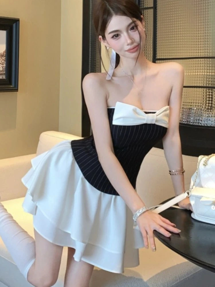 Sexy Striped Patchwork Short Dresses for Women Strapless Layered Ruffles A-line Bow Birthday Party Dress Korean Fashion Vestido