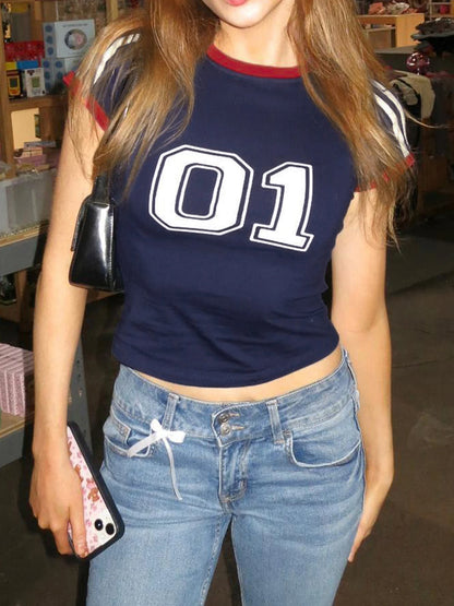 Digital Print Y2K Short Sleeve T Shirt Women Contrast Binding O Neck Slim Crop Tee Casual Preppy Tops Sporty Football Jersey