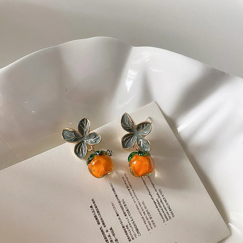 LIZAKOSHT Enamel Resin Persimmon Drop Earrings with Green Leaves for Women