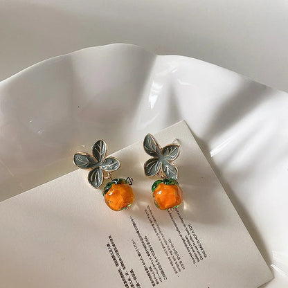 LIZAKOSHT Enamel Resin Persimmon Drop Earrings with Green Leaves for Women
