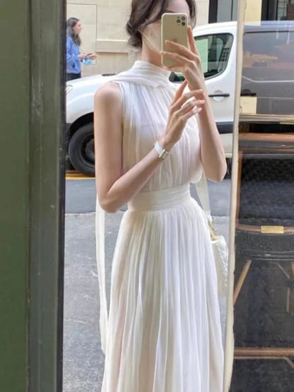 Elegant Halter Midi Dresses for Women Sleeveless Holiday Style Summer New Wedding Evening Party Dress Prom Vestidos Mujer