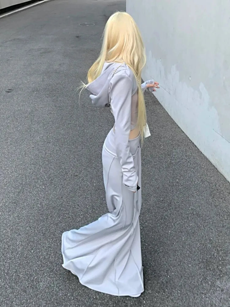 Y2K Autumn 3-piece Skirt Set Women Long Sleeve Hooded Crop Cardigan Vest Long Skirt Sexy Harajuku Club Party Streetwear New