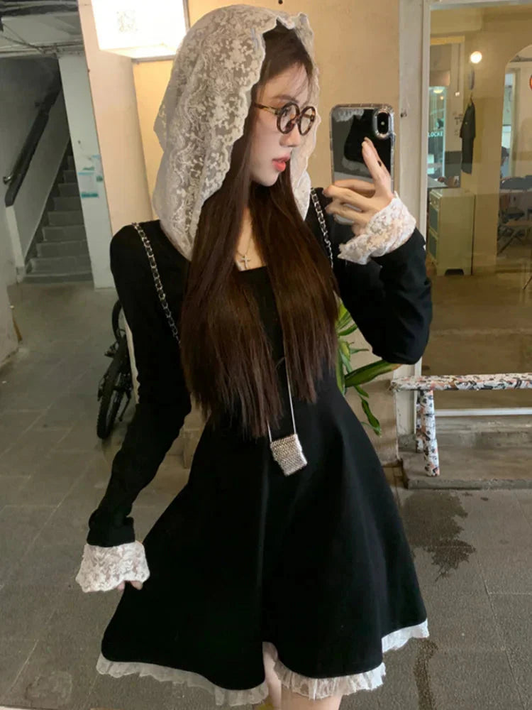 French Lace Patchwork Y2K Dress Hooded Long Sleeves Slim Waist A-Line Short Skirt Chic Vestidos