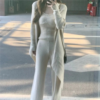 Autumn Winter Solid Knitted 3-piece Set Women Tank Top Long Pants Cardigan Sweater Pullover Korean Fashion Casual Outfits New
