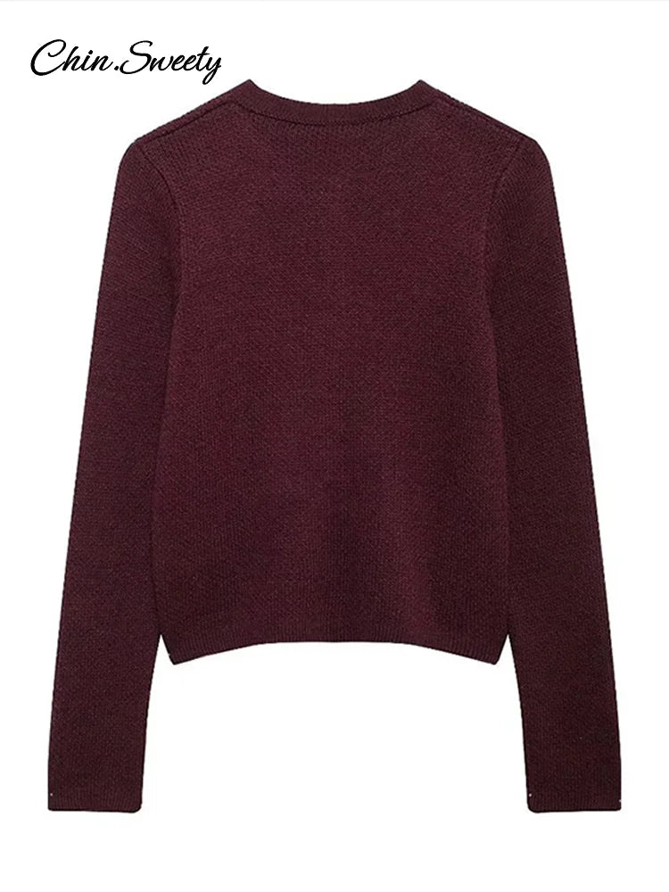 Autumn Knit Burgundy Women’s Cardigans O-neck Single-breasted Long Sleeve Pocket Top  Autumn Winter Lady All-match Knitwear