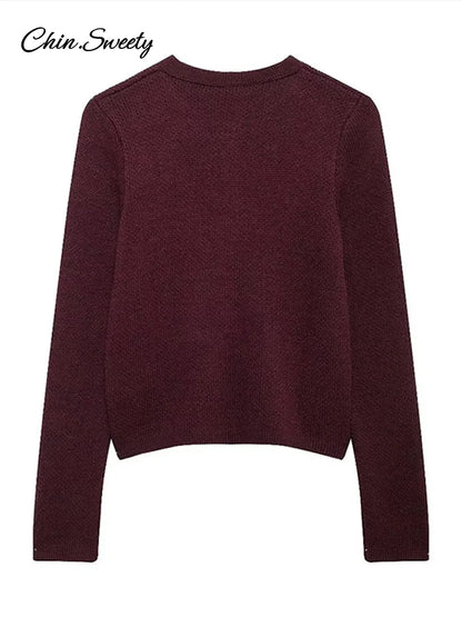 Autumn Knit Burgundy Women’s Cardigans O-neck Single-breasted Long Sleeve Pocket Top  Autumn Winter Lady All-match Knitwear
