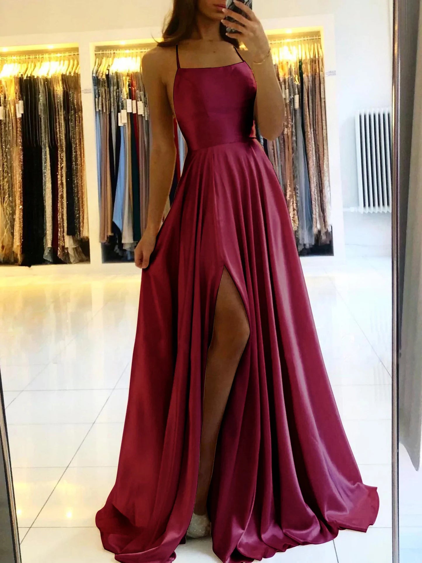 Blue Satin Spaghetti A-Line Prom Dress