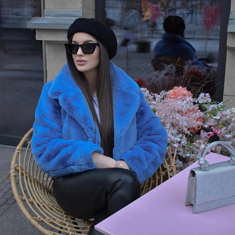 Ins Chic Street Fashion Girls Blue Cropped Plush Fur Coat Women Winter  New Trend Faux Rabbit Fur Jacket Coats Short Outwear