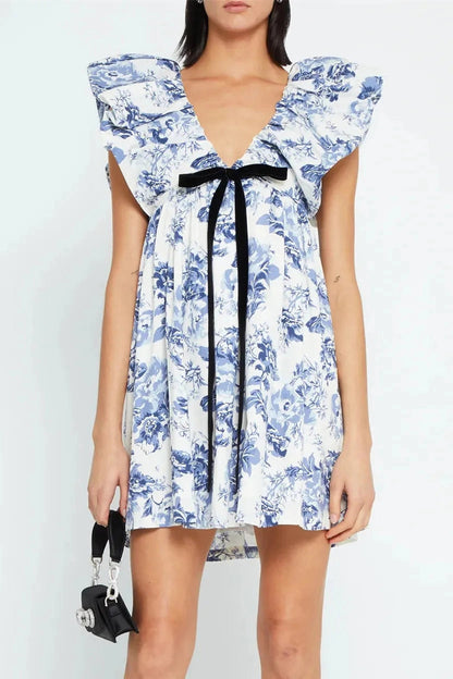 Floral V Neck Puff Sleeve Mini Dress