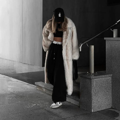 Vintage Luxury Long Faux Fox Fur Coat Women  Winter Warm Fluffy Fur Jacket Female Street Furry Outerwear Overcoat
