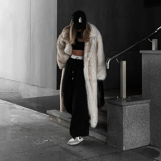 Vintage Luxury Long Faux Fox Fur Coat Women  Winter Warm Fluffy Fur Jacket Female Street Furry Outerwear Overcoat