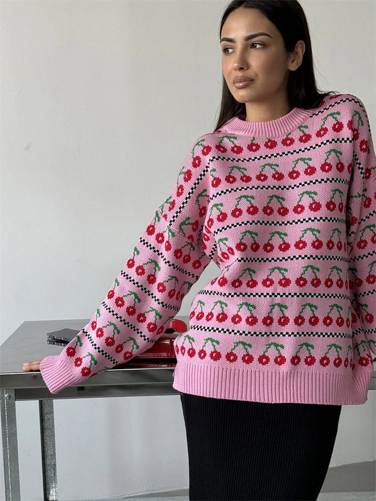 Printed Knit Sweater Pullover For Women Loose Patchwork Contrast Long Sleeve Vintage Fashion Top Knitwear Women’s Pullover