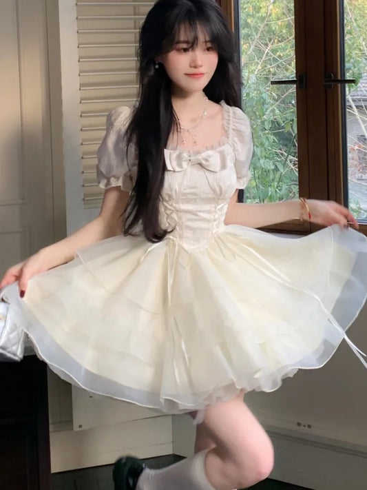 Elegant Mesh Layered Ruffles A-line Short Dresses for Women Square Collar Princess Birthday Party Dress Gown One Piece Vestido