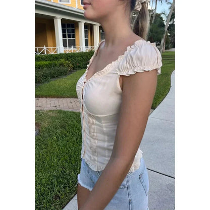 y2k Tank Top Clothes Solid Color Cap Sleeve Button Down Slim Fit Frill T Shirt 2000s Vest Streetwear
