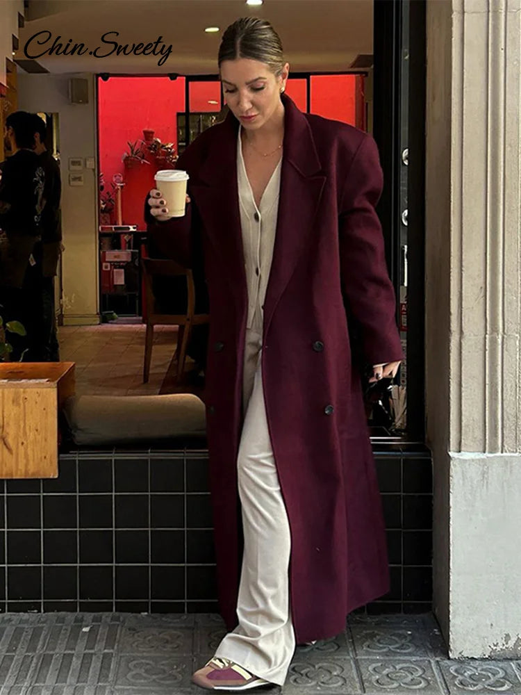 Fashion Burgundy Red Woolen Long Coat Women Oversized Shoulder Pads Full Sleeve Double Breasted Overcoats Autumn Lady Streetwear