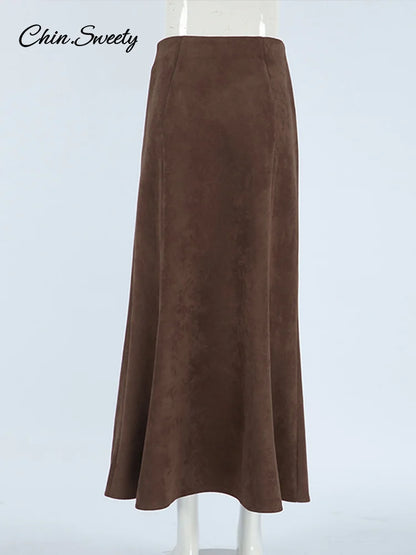 Vintage Suede Brown Skirts Women Fashion Pleated Slim Zipper Office Lady Skirts  Elegant Female High Waist Party Wear New