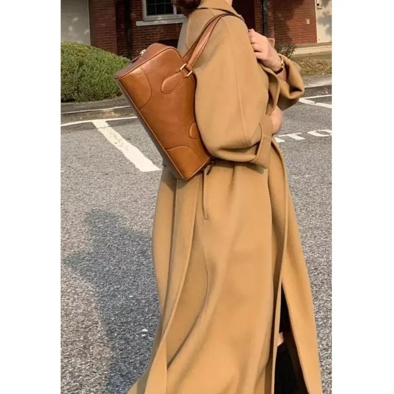 Women Elegant Long Woolen Coat with Belt Autumn Winter New Fashion Solid Lapel Long Sleeve Chic Outerwear Ladies Casual Overcoat
