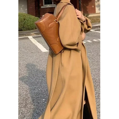 Women Elegant Long Woolen Coat with Belt Autumn Winter New Fashion Solid Lapel Long Sleeve Chic Outerwear Ladies Casual Overcoat