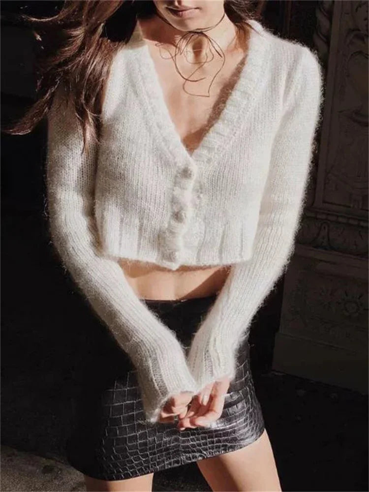 V-Neck Knitwear Sweater Cardigan For Women Cropped Long Sleeve Streetwear Sexy Cropped Knit Outwear Women’s Patchwork Coat