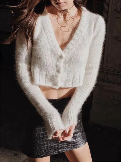 V-Neck Knitwear Sweater Cardigan For Women Cropped Long Sleeve Streetwear Sexy Cropped Knit Outwear Women’s Patchwork Coat