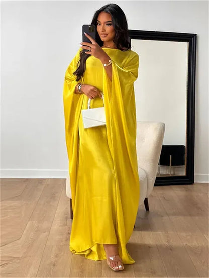 Autumn Loose Shiny Maxi Dress Women’s Butterfly Batwing Long Sleeve Muslim Clothes Party Dress Solid Female Long Dress New