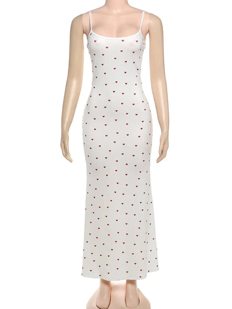 Elegant Heart Print Ribbed Maxi Dress Y2K Trend Square Collar Backless Robe Daily Casual Outfits