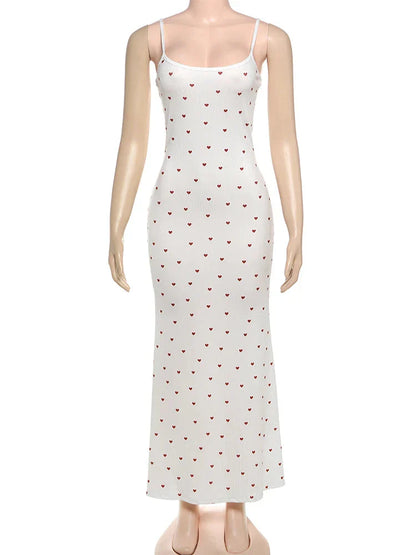 Elegant Heart Print Ribbed Maxi Dress Y2K Trend Square Collar Backless Robe Daily Casual Outfits