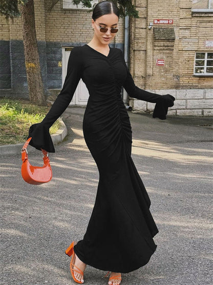 V-Neck Pleated Slim Long Dress Female Fashion Ruffled Patchwork Solid Elegant Party Dress New Women Maxi Dress Streetwear