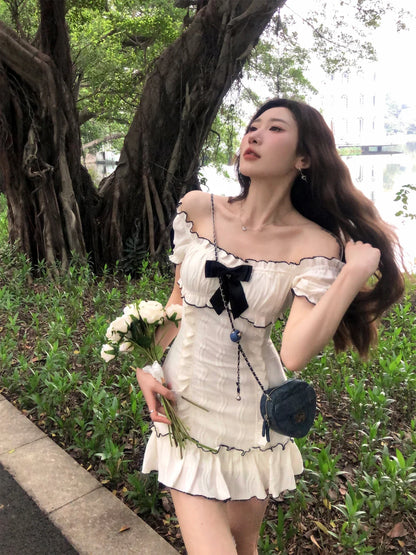 Voguable Woman Short Sleeve Y2k Mini Dress Party Slim Sweet Bow Dress Casual Outwear One Piece Dress Korean Chic