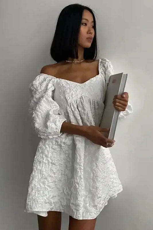 Jacquard V-Neck Mini Dress with Bubble Sleeves