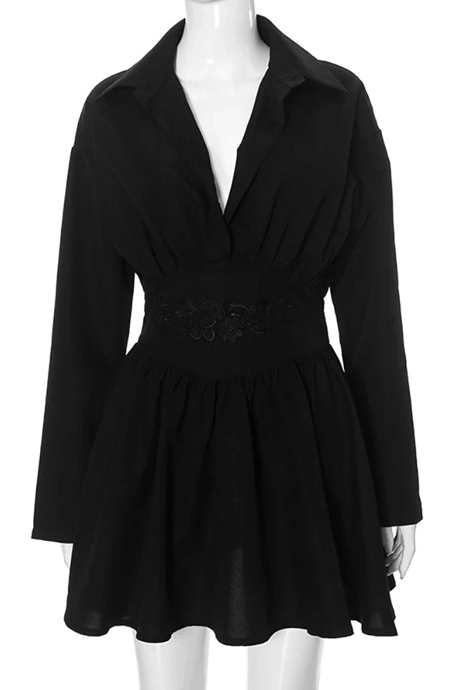 V-Neck Long Sleeve Mini Dress with High Waist
