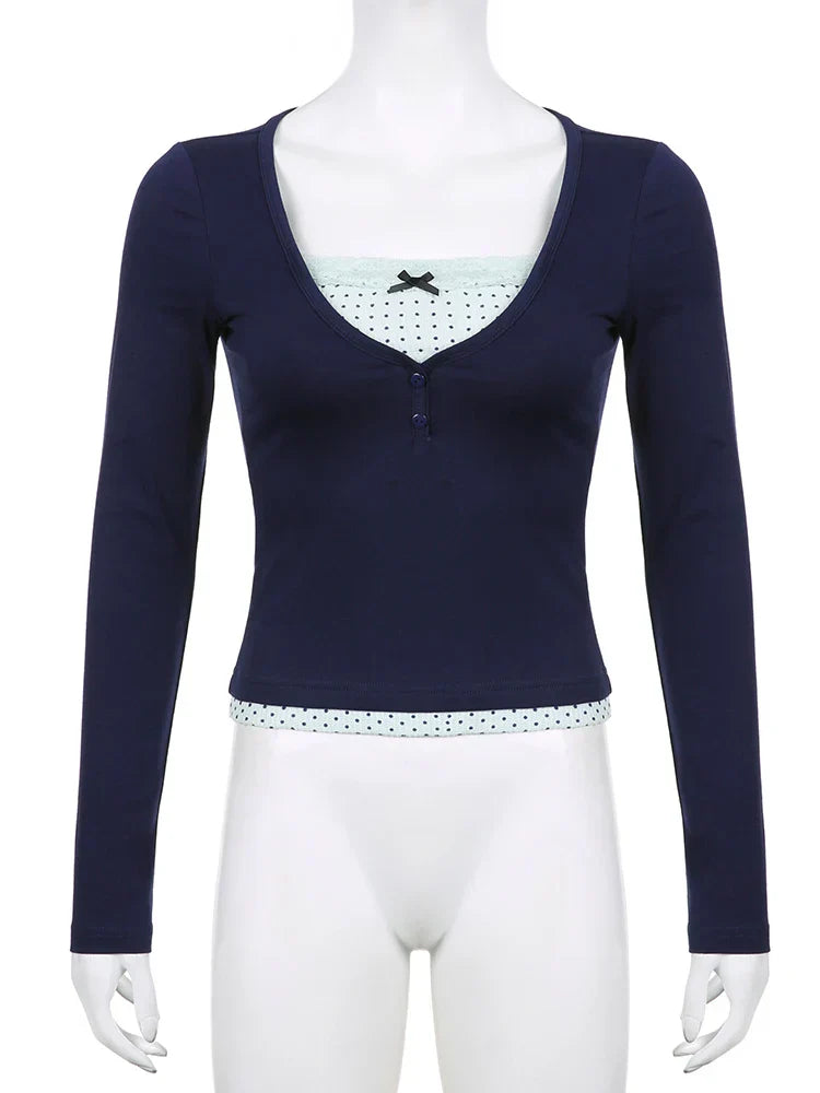 Voguable  Polka Dot Printed Lace Patchwork Fake Two-piece Top y2k Coquette Long Sleeve T-shirt Harajuku Pullover Cute Tees Casual