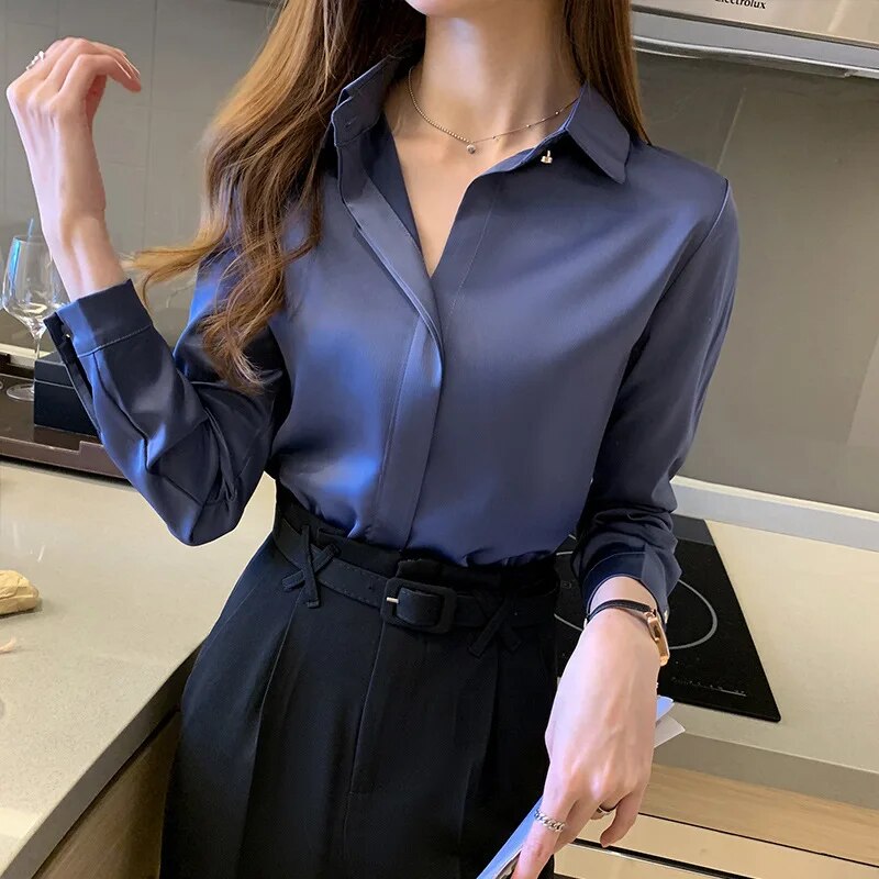 Blusa moderna de satén de manga larga para mujer | Ideal para primavera/verano