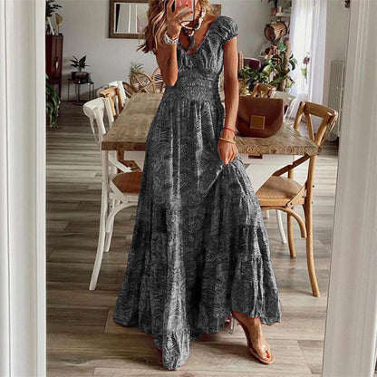 Bohemian Print Long Dresses Women V-neck Elastic Waist Short Sleeves Casual Vacation Style Dress Female Trendy Vintage Vestidos