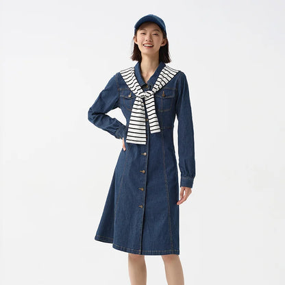 Denim Dress Women With Shawl  Mid-length Dress Workwear Style in Spring