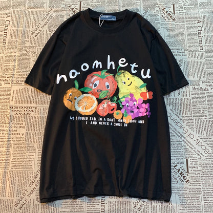 American Retro Fruit Print Round Neck Short Sleeved T-shirt For Women And Men Trendy Loose And Versatile Couple Half Sleeved Tee