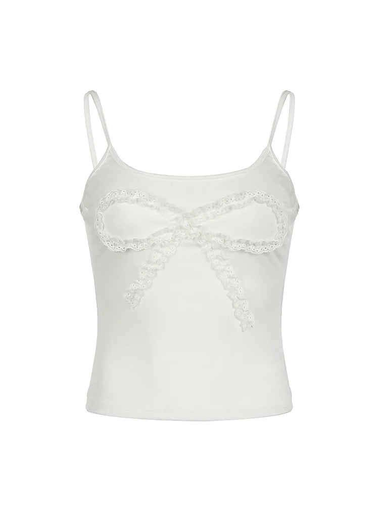 Lace Bow Patches White Basic Cute Y2K Camisole Sleeveless Slim Women Crop Top Simple Casual Tank Vest