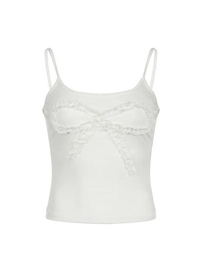 Lace Bow Patches White Basic Cute Y2K Camisole Sleeveless Slim Women Crop Top Simple Casual Tank Vest