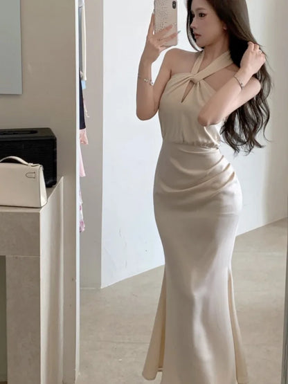 Sexy Bodycon Satin Evening Party Dress Sleeveless Halter Slim Mermaid Summer New Midi Dresses for Women Prom Vestidos Mujer
