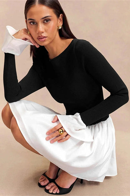 Patchwork High Waist Mini Dress with Long Sleeves