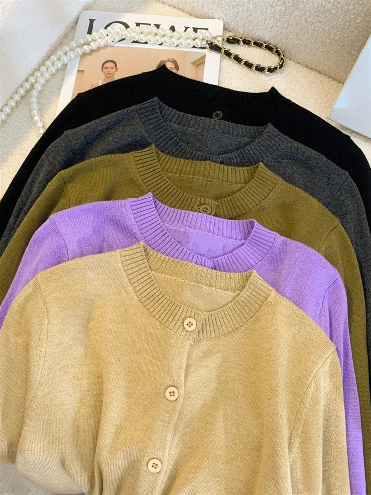 Female Sweater Knit Cardigan Coat Casual Loose Long Sleeve Patchwork Solid Scoop Neck Outwear Autumn Knitwear Coat Ladies