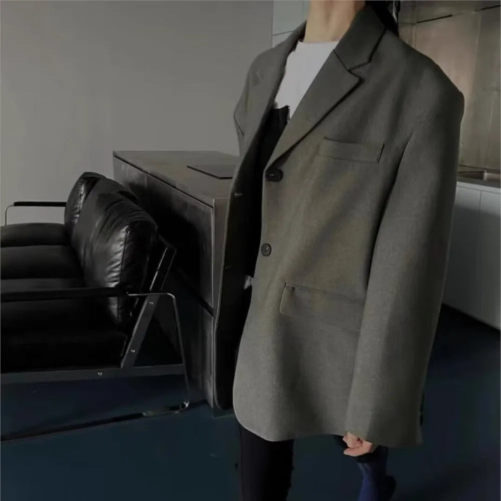 Chill Dark Gray Oversized Blazer Boyfriend Vintage Women Notched Collar Loose Suit Fashion Coat