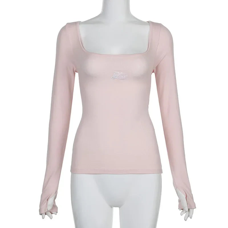 Voguable   Lolita Style Back Ribbons Tie-up T-shirts Y2K Slim-fit Knitted Tops Pink Sweet Casual Basic Tees Japanese